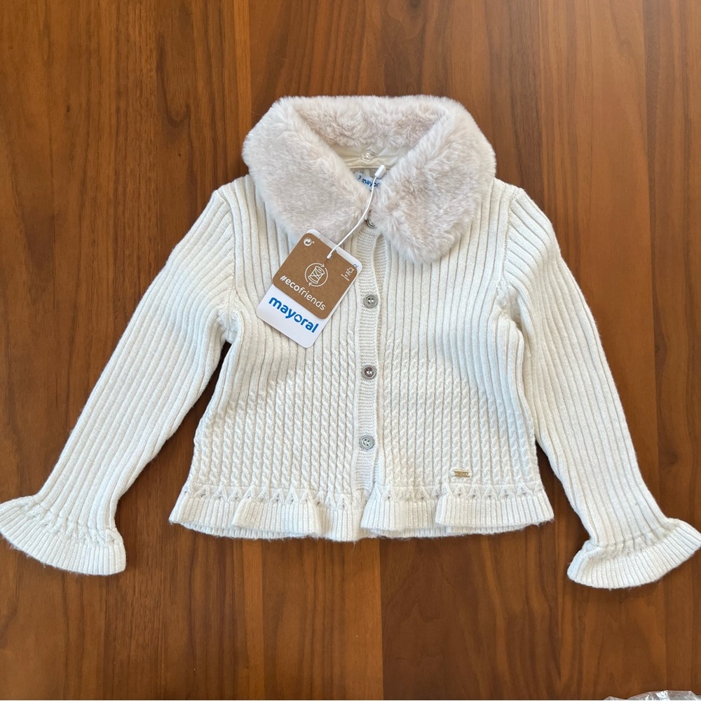 MAYORAL | NWT FUZZY collar softest Cardigan size 3Y FAUX FUR COLLAR CARDIGAN